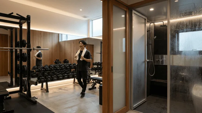 個室ジムとシャワー完備